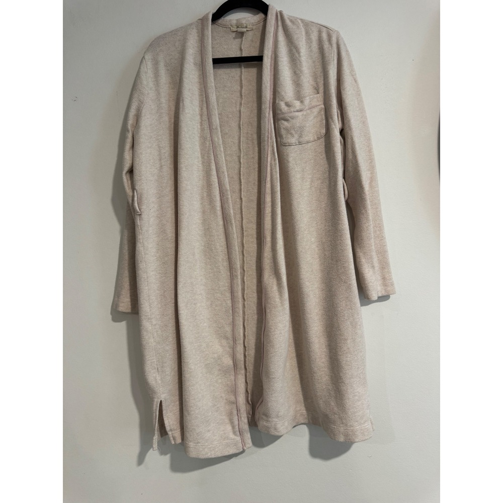 Madewell Longline Open Front Cardigan robe Womens Small Oatmeal Pink Trim Pocket